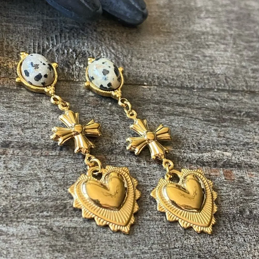 NEW Gold Cross Dalmatian Jasper Heart Dangle Earrings